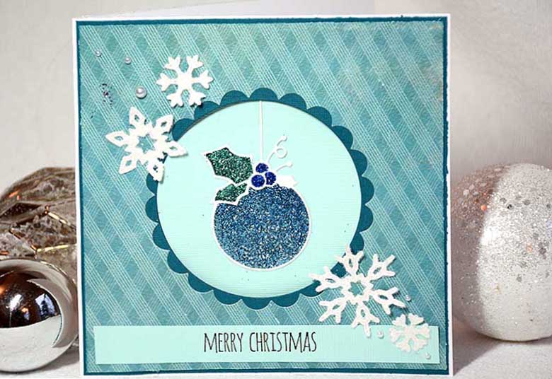 Christmas card in blue with Memory Box Dies - Cabrini Ornament by HelenTh